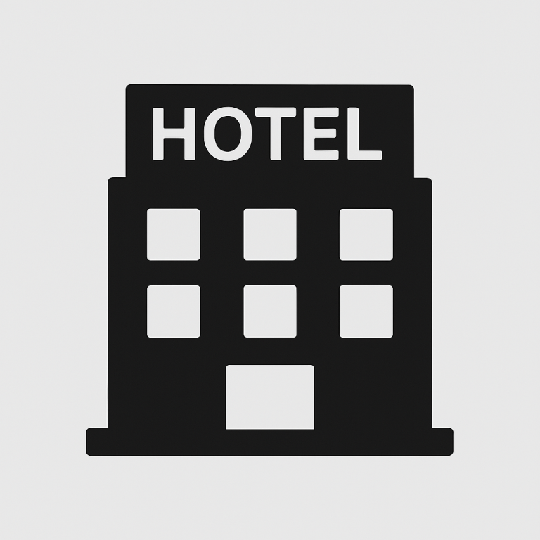 Icône d'un hôtel avec un bâtiment à plusieurs étages et l'inscription "HOTEL".